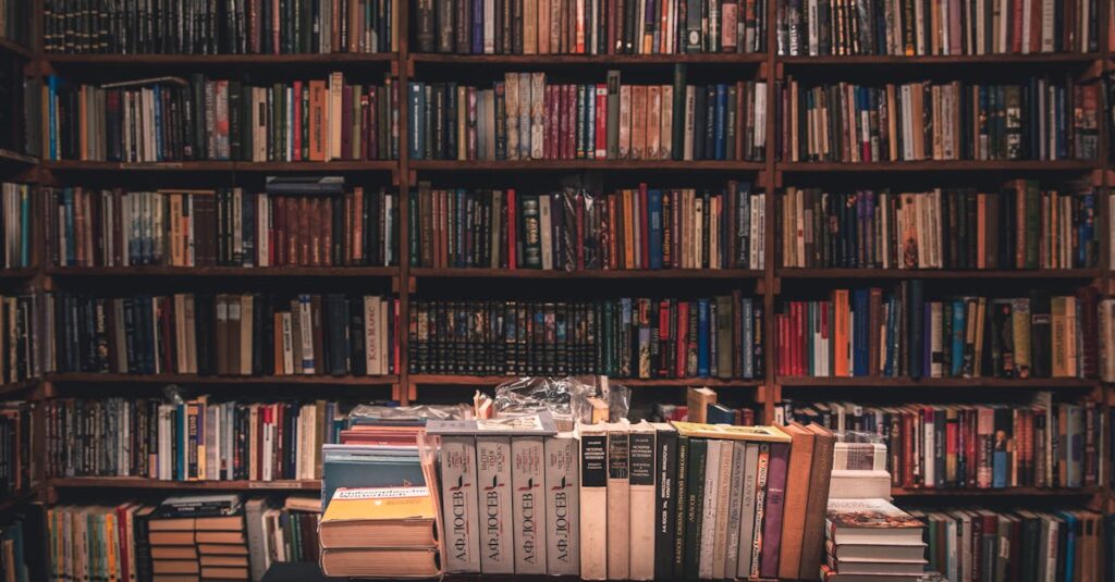 A tranquil library filled with books on wooden shelves, offering a warm, inviting atmosphere.